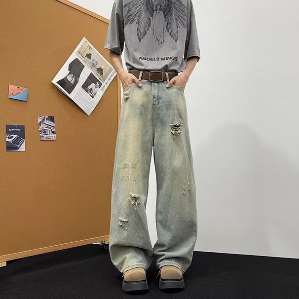 Men's Retro Distressed Wide Leg Jeans Plus Size Loose Straight Leg Floor Length Spring/Summer Style_mkmklike.com