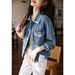 Women’s Lightweight Denim Jacket With Ribbon Trim – Loose Fit, Youthful Style (S-3XL, Bluish/Light Blue)_mkmklike.com