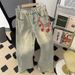 Embroidered Jeans Men's Summer Washed Vintage American High Street Micro Flared Spring And Autumn Loose Straight Leg_mkmklike.com