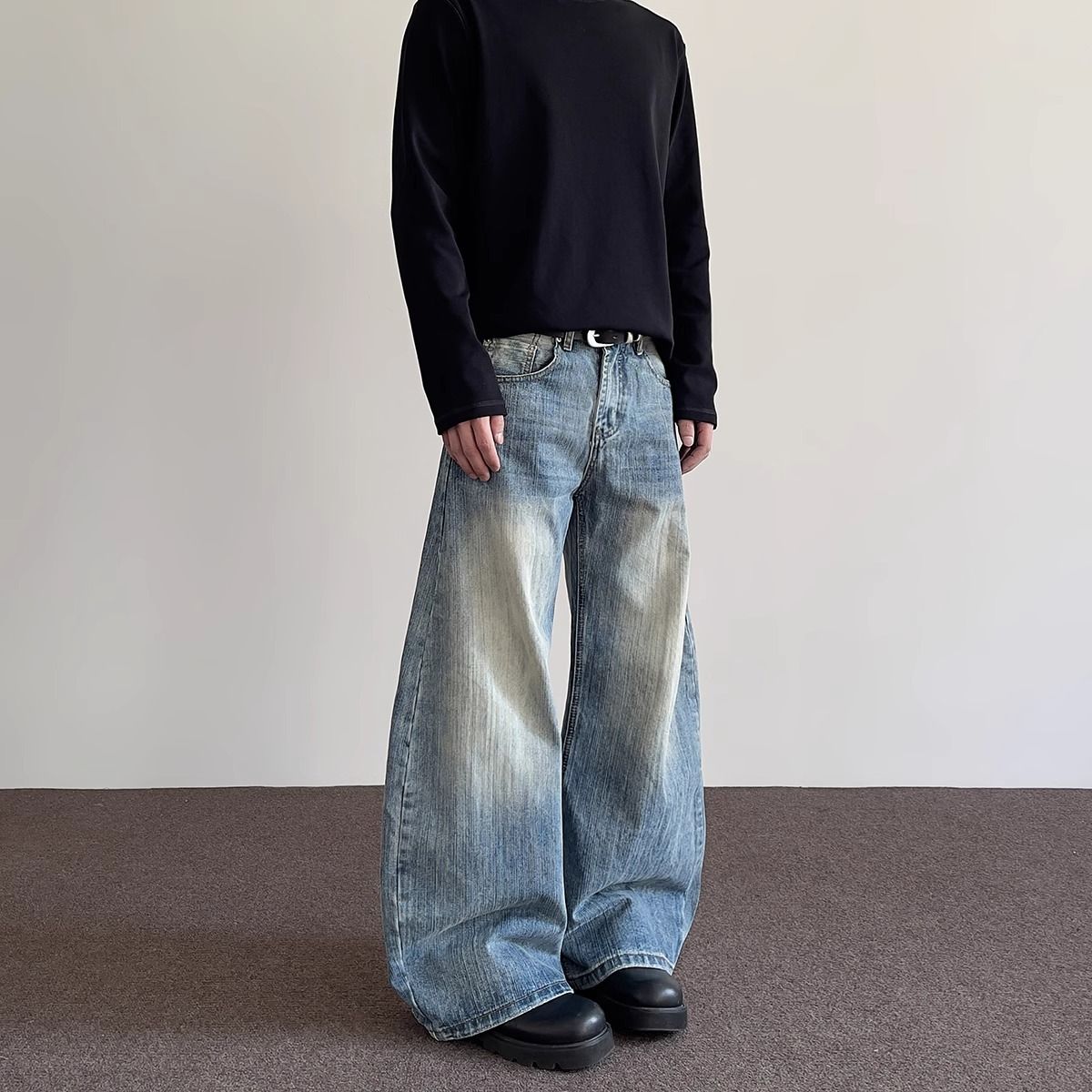 Vintage-Inspired High Street Cleanfit Bamboo Knot Distressed Bootcut Jeans For Men - Straight Leg With Slight Flare, Trendy Long Pants_mkmklike.com