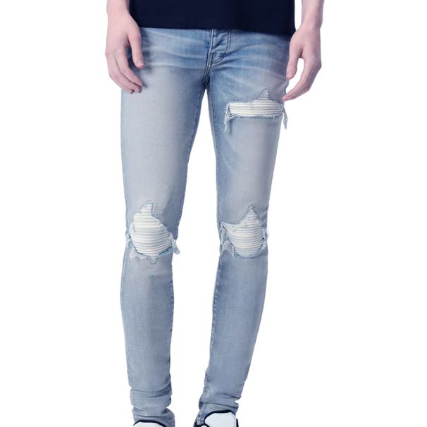 Men's Clothing Men's Autumn And Winter Patchwork Holes Patchwork Leather Wrinkled Knife Cut Damaged High Street Fashion Brand Tight Stretch Jeans_mkmklike.com