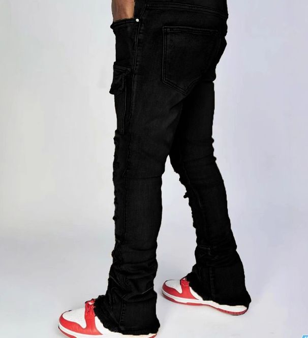 Men's Clothing European And American Cross Border Hot Selling Spring Men's High Street Black Lace Up Mid Waist Sexy Elastic Slim Casual Denim Trousers_mkmklike.com