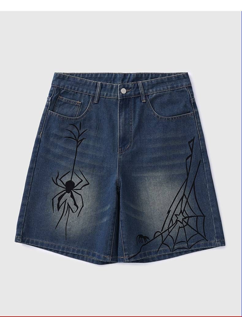 Men's Clothing Straight Pocket Denim Trendy Brand Printed Straight Shorts Loose Wide Leg Casual Denim Shorts_mkmklike.com