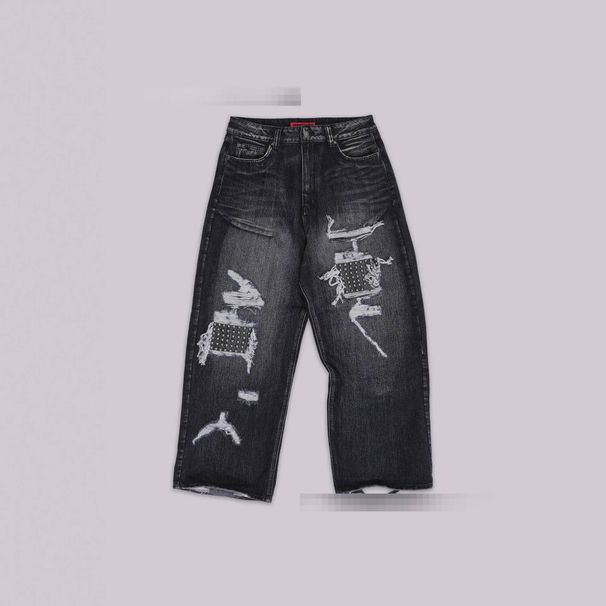 "90s Vintage Distressed High-Waisted Jeans – Relaxed Wide-Leg Denim Pants With Stretch (Black, S-XXL)"_mkmklike.com