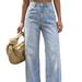 Women's High Waist Wide Leg Jeans Light Wash Yellow Floral Print Loose Fit Floor Length Fresh Pants NY852_mkmklike.com
