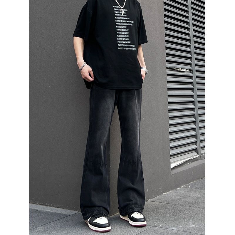 Nordmann Washed Black Jeans For Men, Slightly Flared Straight-Leg Pants, American High Street Retro Loose Fit Versatile Cool_mkmklike.com