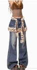 Vintage Leopard Print Fluff Splicing Stacked Fart Curtain Spice Girl Straight Wide Leg Fake Two-piece Jeans_mkmklike.com