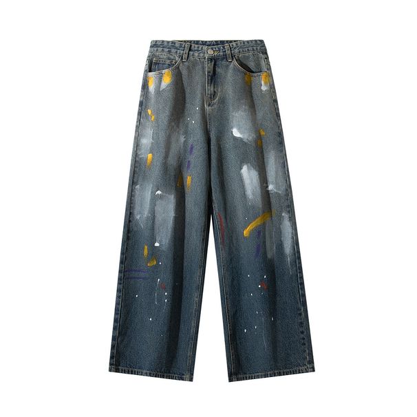 Trendy Paint-Splatter Jeans For Men – Unisex Relaxed Straight-Leg Denim Pants With Artistic Drip Effect_mkmklike.com