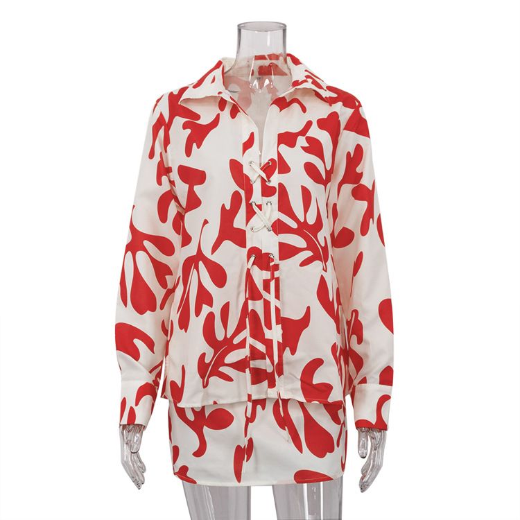 Women's Clothing summer printed short skirt lapel loose women's shirt casual suit_mkmklike.com