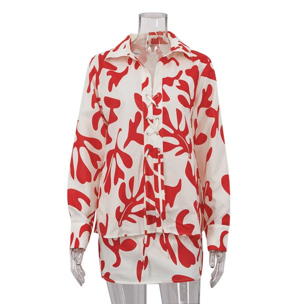 Women's Clothing summer printed short skirt lapel loose women's shirt casual suit_mkmklike.com