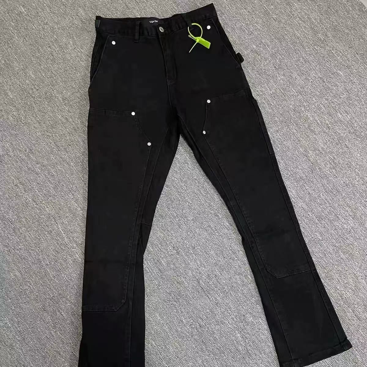 Inspired Workwear Jeans – Stretch Flared Cargo Pants With Zip Detailing (S-XL, 80% Cotton, Black/Brown)_mkmklike.com