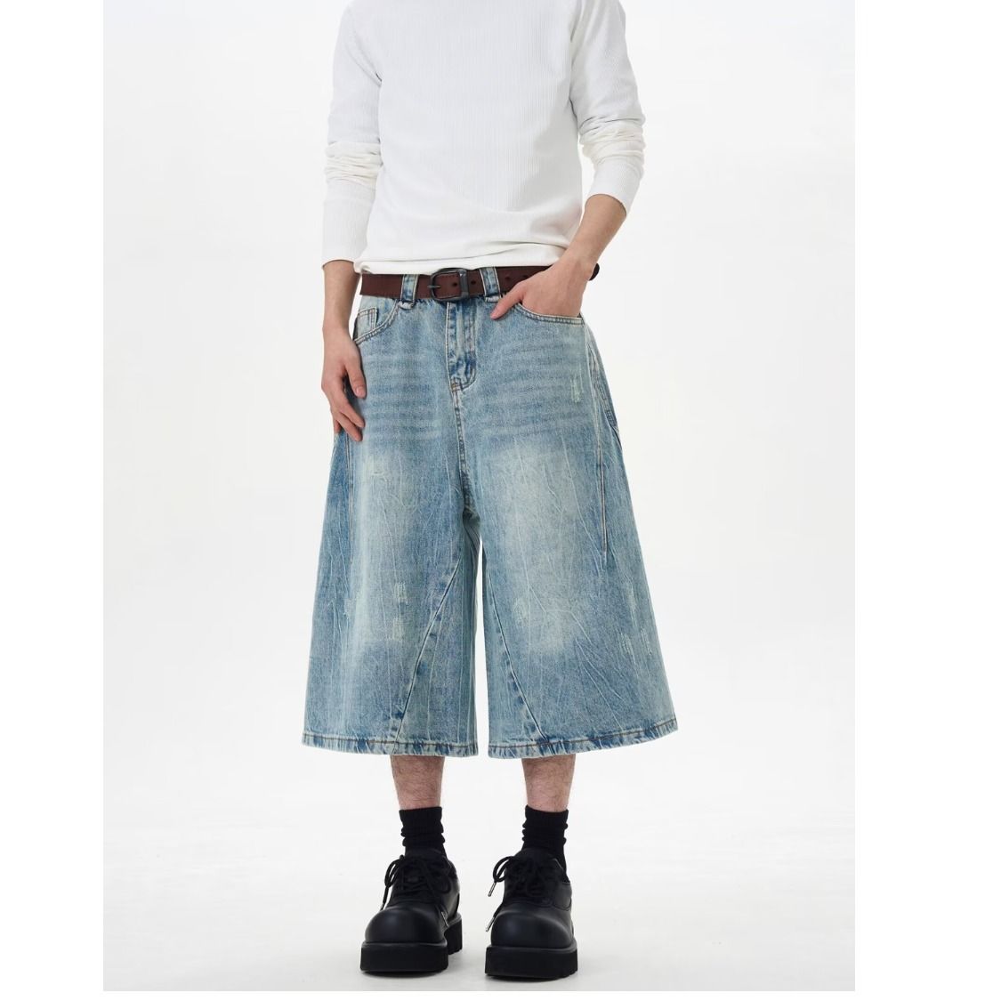 Vintage Streetwear Distressed Denim Shorts For Men & Women – Loose Fit Casual High-Waisted Seven-Tenths Pants_mkmklike.com