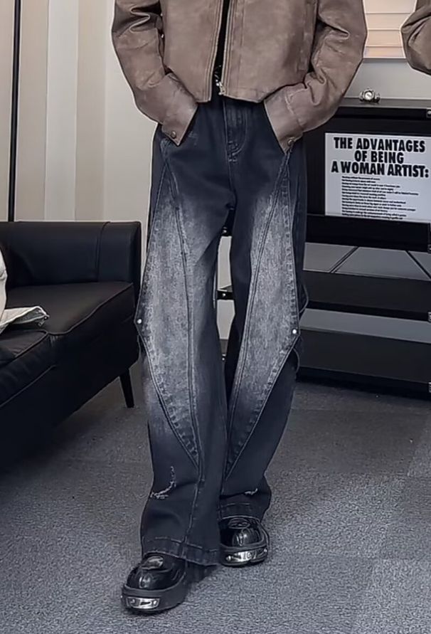 Men's Retro Deconstructed Patchwork Denim Jeans Straight Leg Wide Leg Trousers Heavy Duty Distressed Washed American High Street Style_mkmklike.com