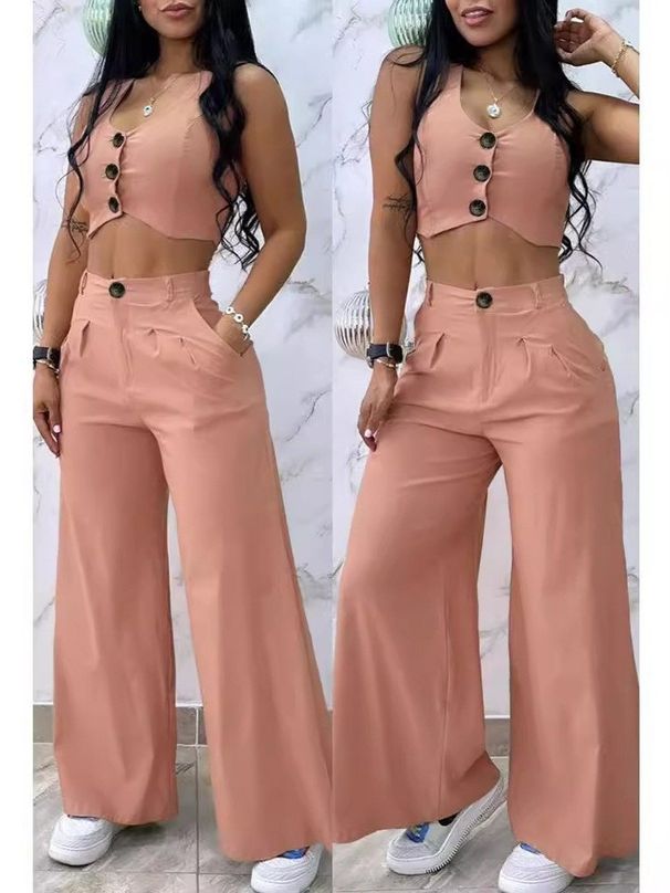 Women's clothing solid color short vest vest drape high waist wide leg pants suit_mkmklike.com