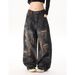 Men's Distressed Graffiti Washed Wide-Leg Jeans - Vintage Streetwear High-Waisted Loose Fit Denim Pants For Urban Style_mkmklike.com