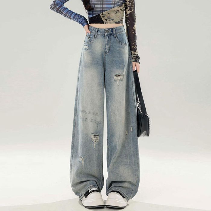 American Retro Ripped Jeans For Women, Summer 2026, Petite Straight Loose Floor-length Wide-leg Pants_mkmklike.com