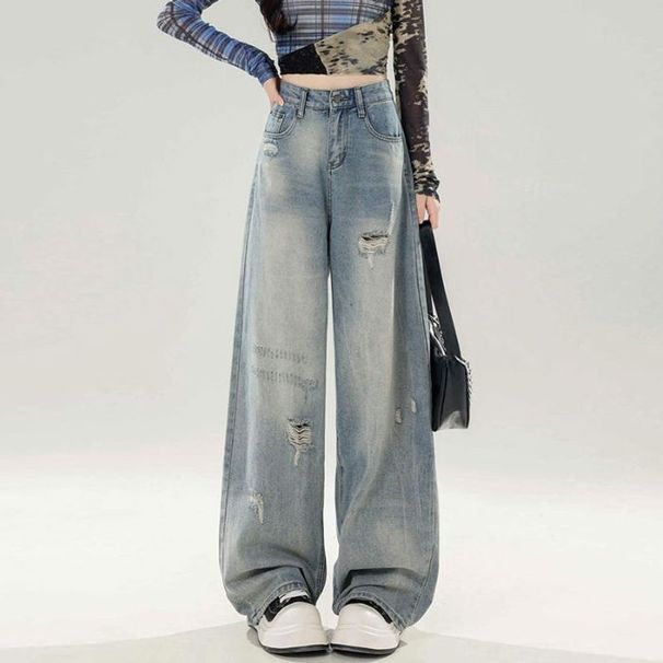 American Retro Ripped Jeans For Women, Summer 2026, Petite Straight Loose Floor-length Wide-leg Pants_mkmklike.com