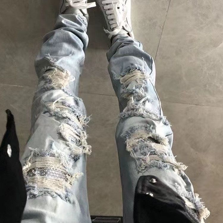 Rhinestone-Embellished Slim Fit Ripped Denim Pants Stretch Comfort Glow-Up Distressed Jeans for Men M-XXL_mkmklike.com