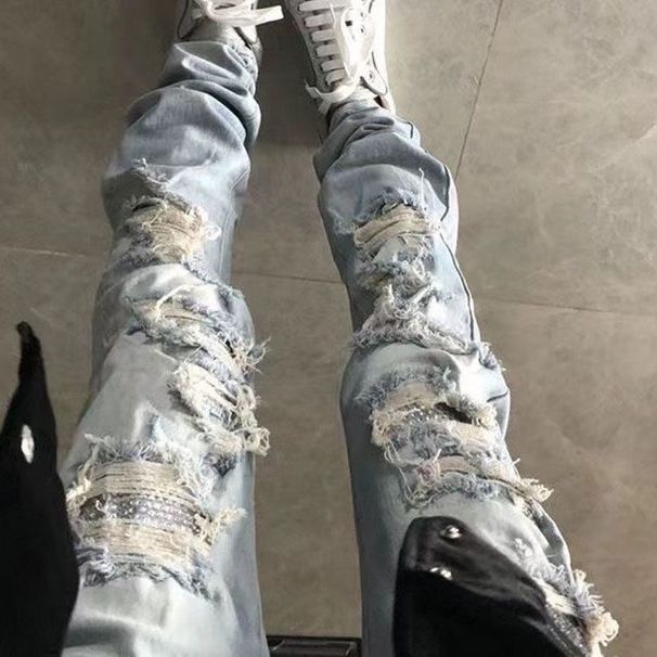 Rhinestone-Embellished Slim Fit Ripped Denim Pants Stretch Comfort Glow-Up Distressed Jeans for Men M-XXL_mkmklike.com