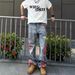 Men's Punk Patchwork Jeans - Distressed Denim Pants With Rebel Edge, Vintage-Inspired Wide Leg Trousers_mkmklike.com