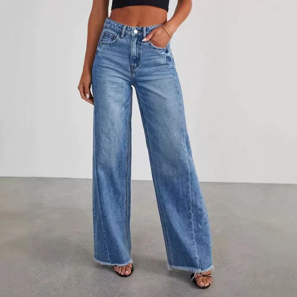 Women's Clothing Fashion Retro Raw Edge Women New High Waist Straight Leg Side Seam Stitching Frayed Denim_mkmklike.com