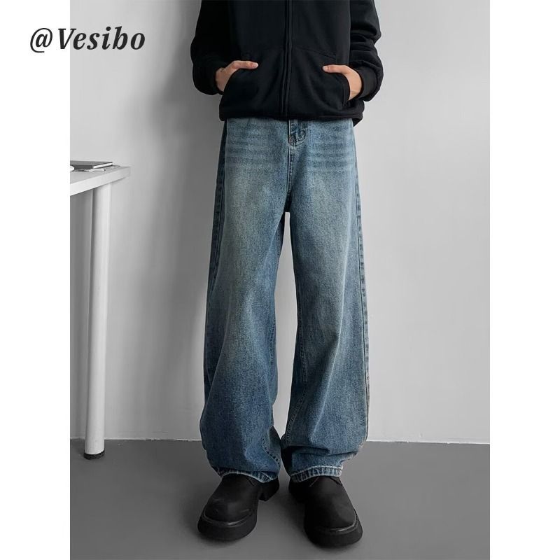 Unisex Washed Black Jeans - Retro Loose Fit Straight Leg Pants With High Waist, Stretch Comfort & Vintage Style (Black/Blue) For Men And Women_mkmklike.com