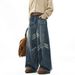 Men's Vintage Washed Distressed Jeans - Relaxed Fit Straight Leg With Whisker Detailing For Casual Streetwear & Clean Aesthetic_mkmklike.com