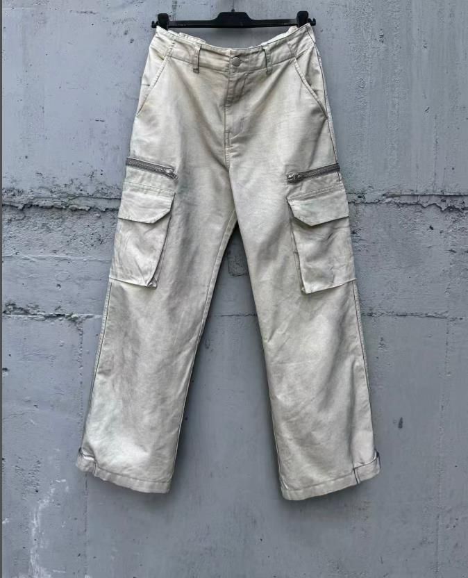High Street Zip Pocket Washed Distressed Faded Straight Casual Versatile Cargo Pants Unisex Trendy Style_mkmklike.com