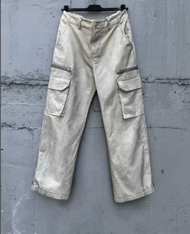 High Street Zip Pocket Washed Distressed Faded Straight Casual Versatile Cargo Pants Unisex Trendy Style_mkmklike.com