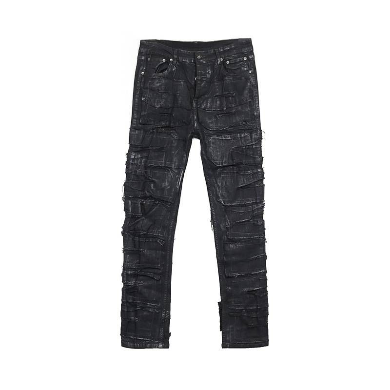 Men's Clothing Dark Coating Wax Brush One Knife Cut Erosion High Street Casual Hole Jeans_mkmklike.com