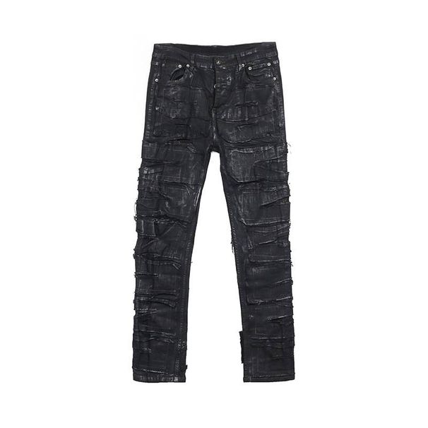 Men's Clothing Dark Coating Wax Brush One Knife Cut Erosion High Street Casual Hole Jeans_mkmklike.com