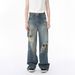 Men's Clothing Four Seasons Distressed Fashion Dirty Dyed Retro Wide Leg Jeans Casual_mkmklike.com