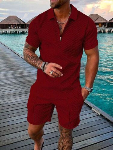 Men's Fashion Casual Suit 3D Printed Zipper Short Sleeve Polo Shirt Shorts 2-Piece Set_mkmklike.com