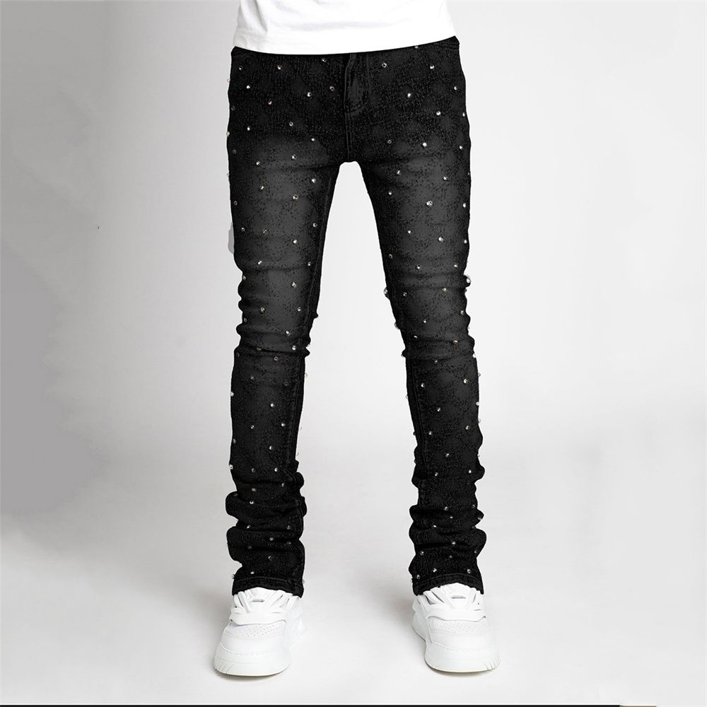 2026 Fashion Jeans Youth/Men Cotton Mid Waist Elasticity Diamond Inlaid Straight Type Stacking Denim Pants_mkmklike.com