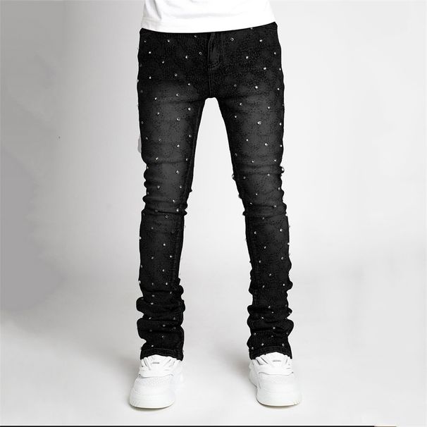 2026 Fashion Jeans Youth/Men Cotton Mid Waist Elasticity Diamond Inlaid Straight Type Stacking Denim Pants_mkmklike.com
