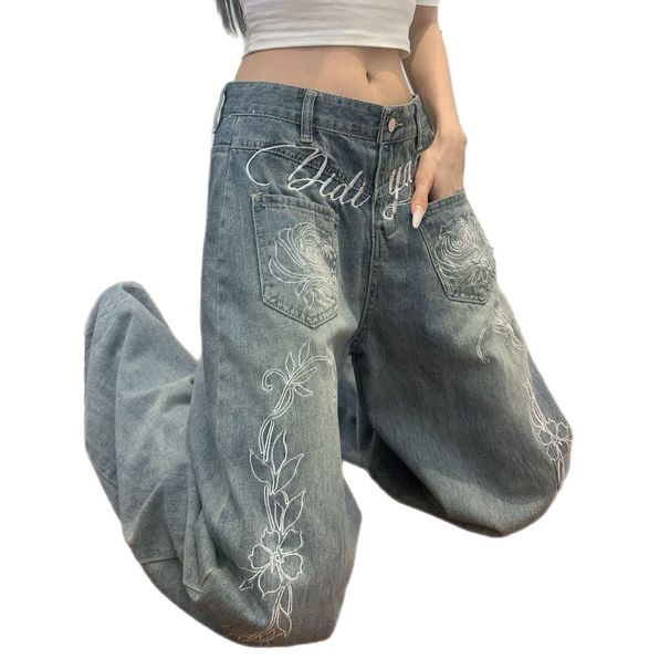 2027 Fashion American Retro Jeans Women Cotton High Waist Flowers Embroidery Washed Curved Knife Wide Legs Denim Pants_mkmklike.com
