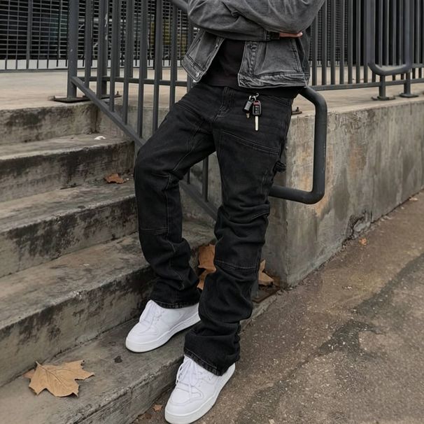 Men's Loose Fit Wide Leg Jeans Casual Ripped Hip Hop Style Stretch Flare Long Pants mid Waist Blue_mkmklike.com