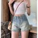 American Style Spicy Girl Denim Shorts, Women's Summer New High Waisted Design, A-Line Slimming, Elastic Blue Ultra_mkmklike.com