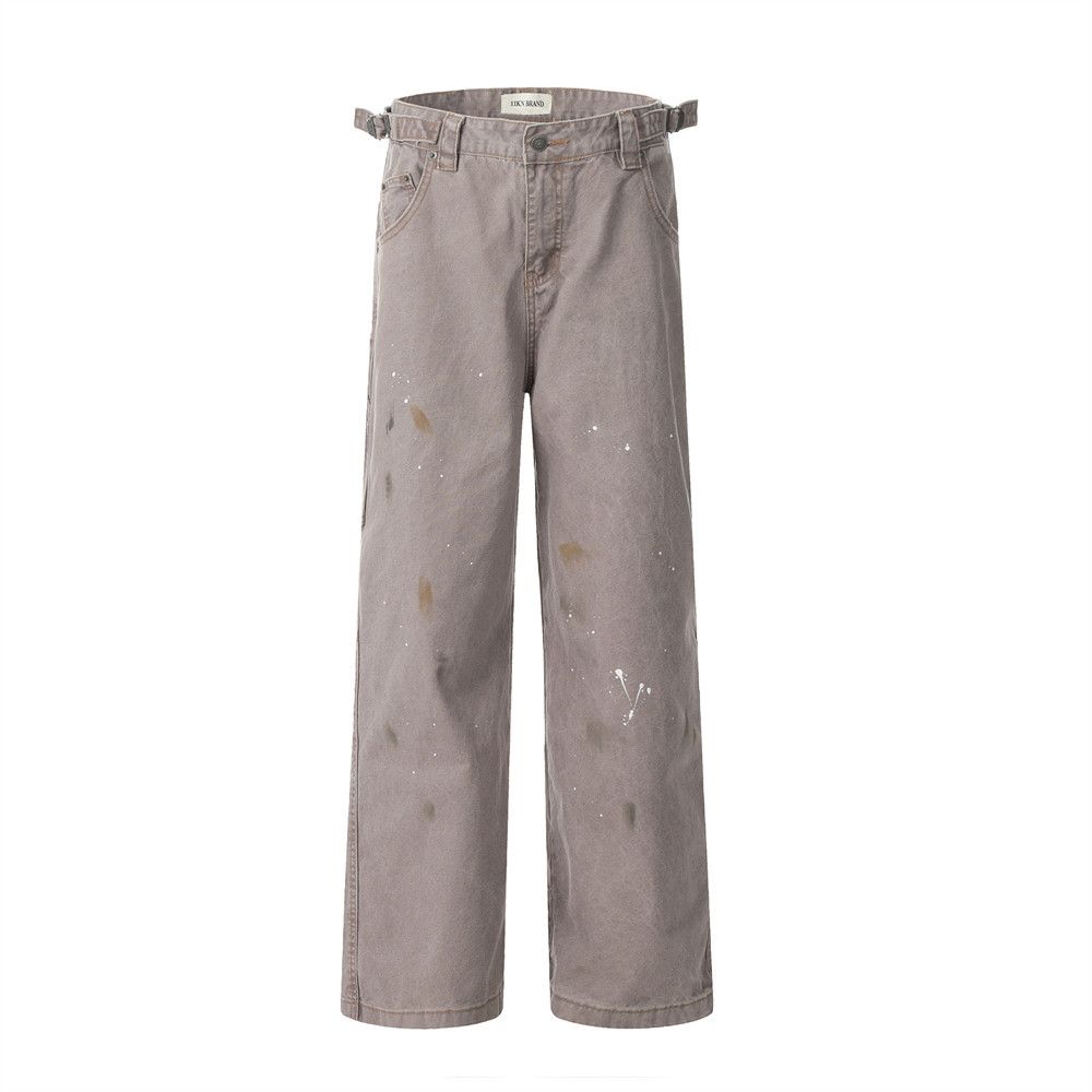 Washed Paint Splatter Denim Straight Men American Punk Vintage Ink Splash Casual Loose Long Pants With Design Sense_mkmklike.com