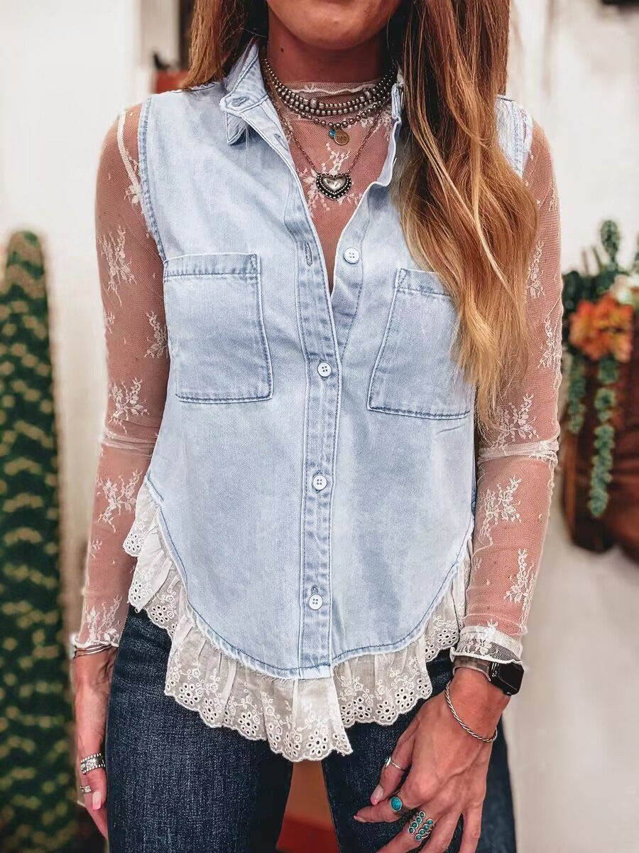 Women's Clothing Spring And Summer Lace Stitching Denim Sleeveless Top Vest_mkmklike.com