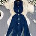 Women's Clothing New Retro Lapel Hollow Waist Revealing Sleeveless Single Breasted A Line Slit Denim Dress_mkmklike.com