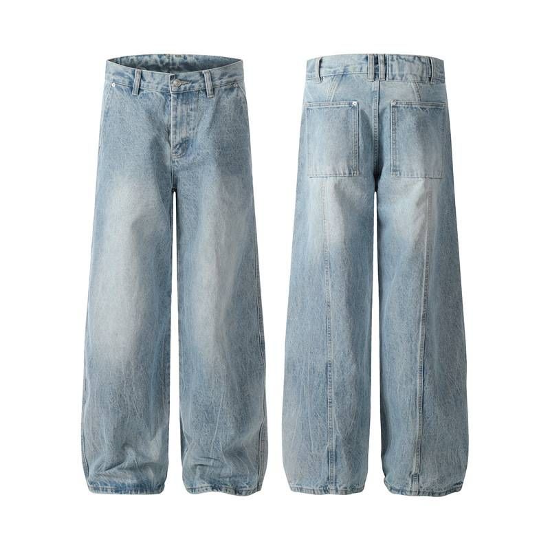 Men's Clothing Retro Lightning Pattern Washed Baggy Machete A Line Men's Casual Loose Straight Jeans_mkmklike.com