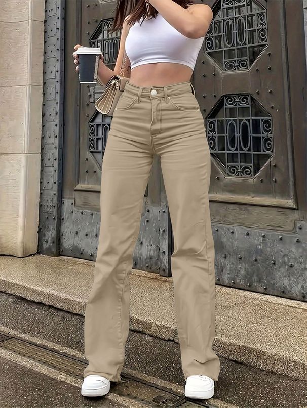 Women's Clothing Classic Straight Leg Jeans - Soft Stretch Mid Rise Casual Pants In 6 Colors (XS-XL)_mkmklike.com