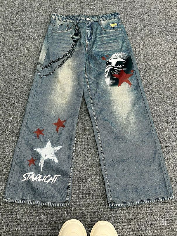 Men's Printed Jeans American Trendy Brand Wide Leg Straight Suitable For Daily Leisure 2810_mkmklike.com