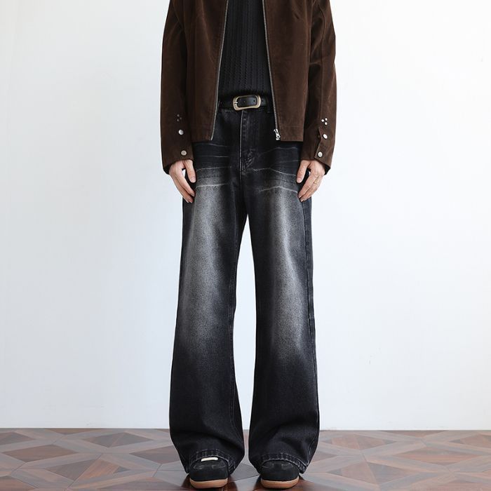 Men's Vintage Washed Denim Pants - Oversized Straight-Leg High Street Trousers (Black/Distressed, S-2XL)_mkmklike.com