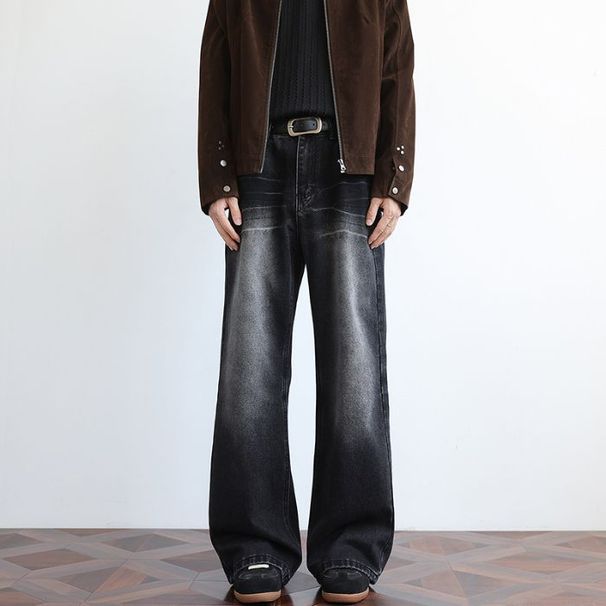 Men's Vintage Washed Denim Pants - Oversized Straight-Leg High Street Trousers (Black/Distressed, S-2XL)_mkmklike.com