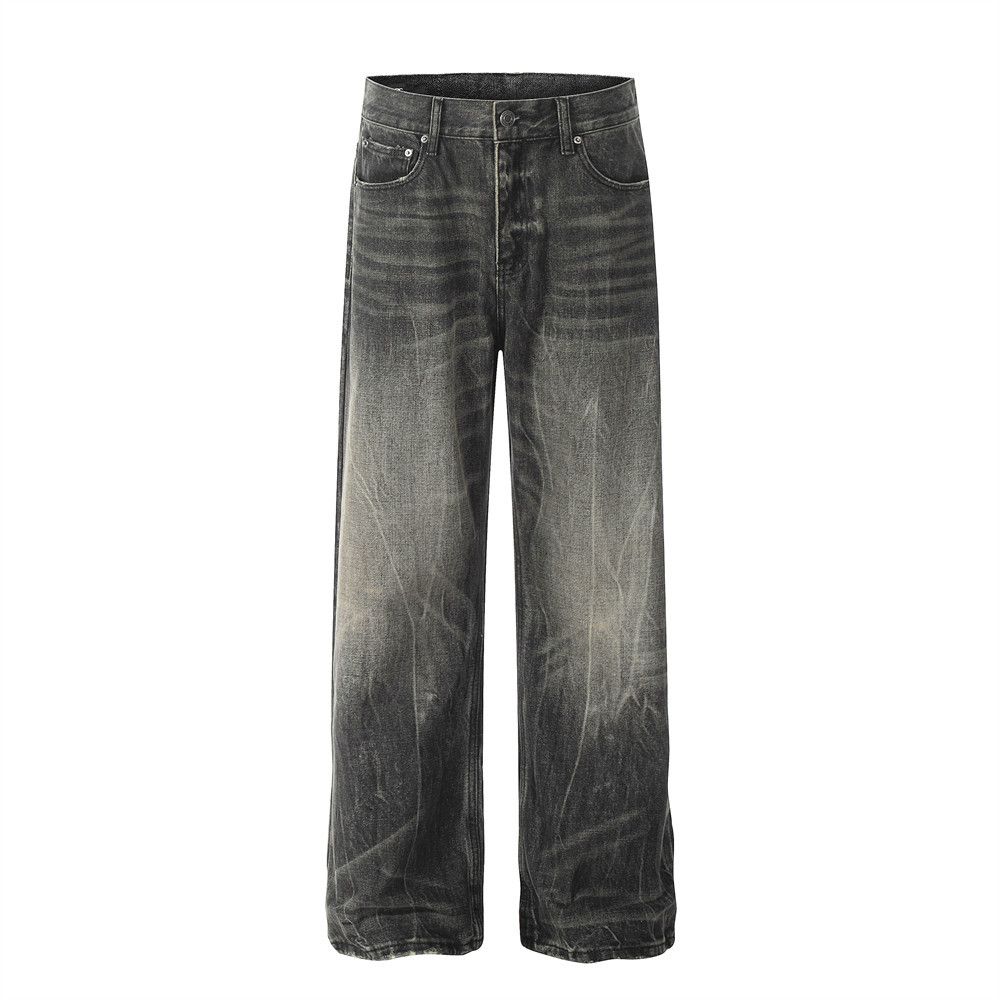 Punk Washed Gradient Jeans Heavy-Duty Distressed American Street Style Men's Wide-Leg Straight Long Pants Trendy_mkmklike.com