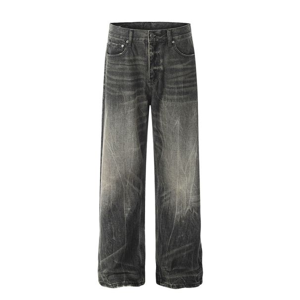 Punk Washed Gradient Jeans Heavy-Duty Distressed American Street Style Men's Wide-Leg Straight Long Pants Trendy_mkmklike.com