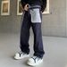 Men's Relaxed Fit Straight Leg Denim Jeans - Vintage Washed Blue With Patchwork Design, Korean Style Casual Trousers_mkmklike.com