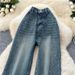 Vintage Washed High-Waisted Straight-Leg Jeans For Women - Distressed Denim With Rhinestone Details (Blue, S-2xl)_mkmklike.com